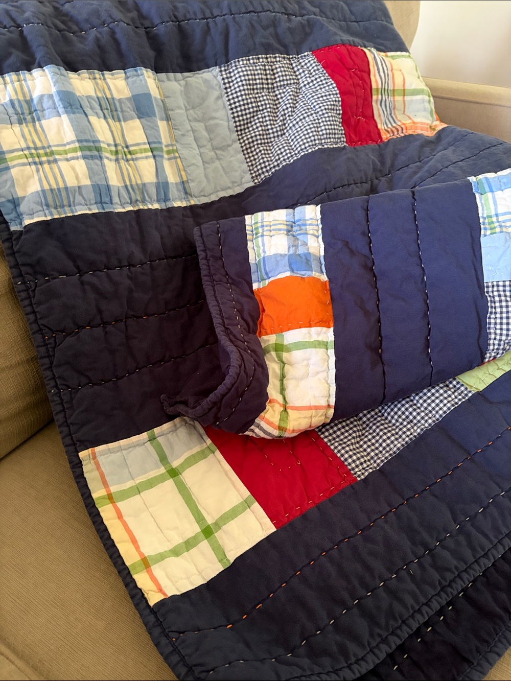 Pottery barn kid twin Patchwork madras quilt Navy and pillow cover